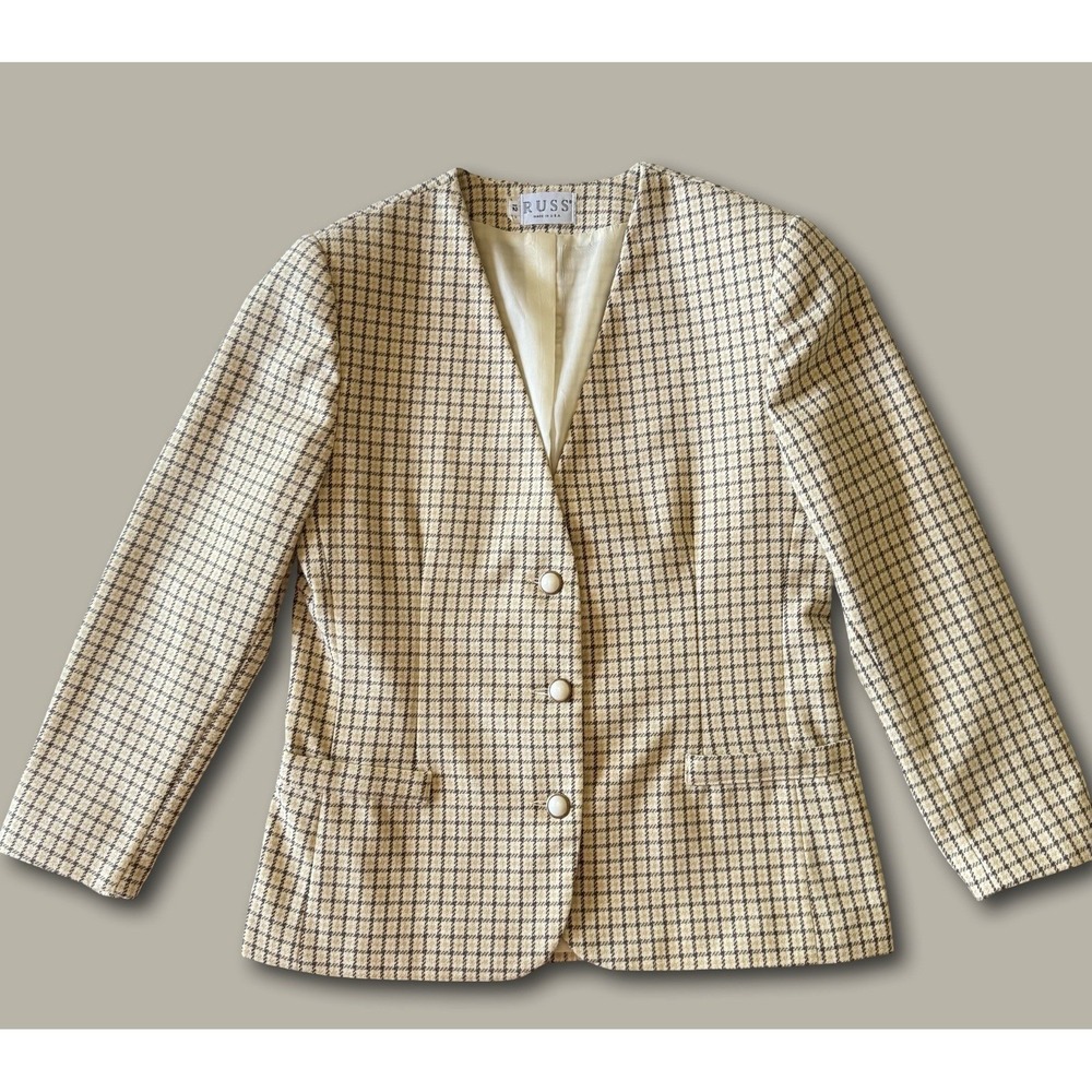 Russ Vintage Plaid Collarless Blazer Size 12 Tan Brown Academic Shoulder Pads